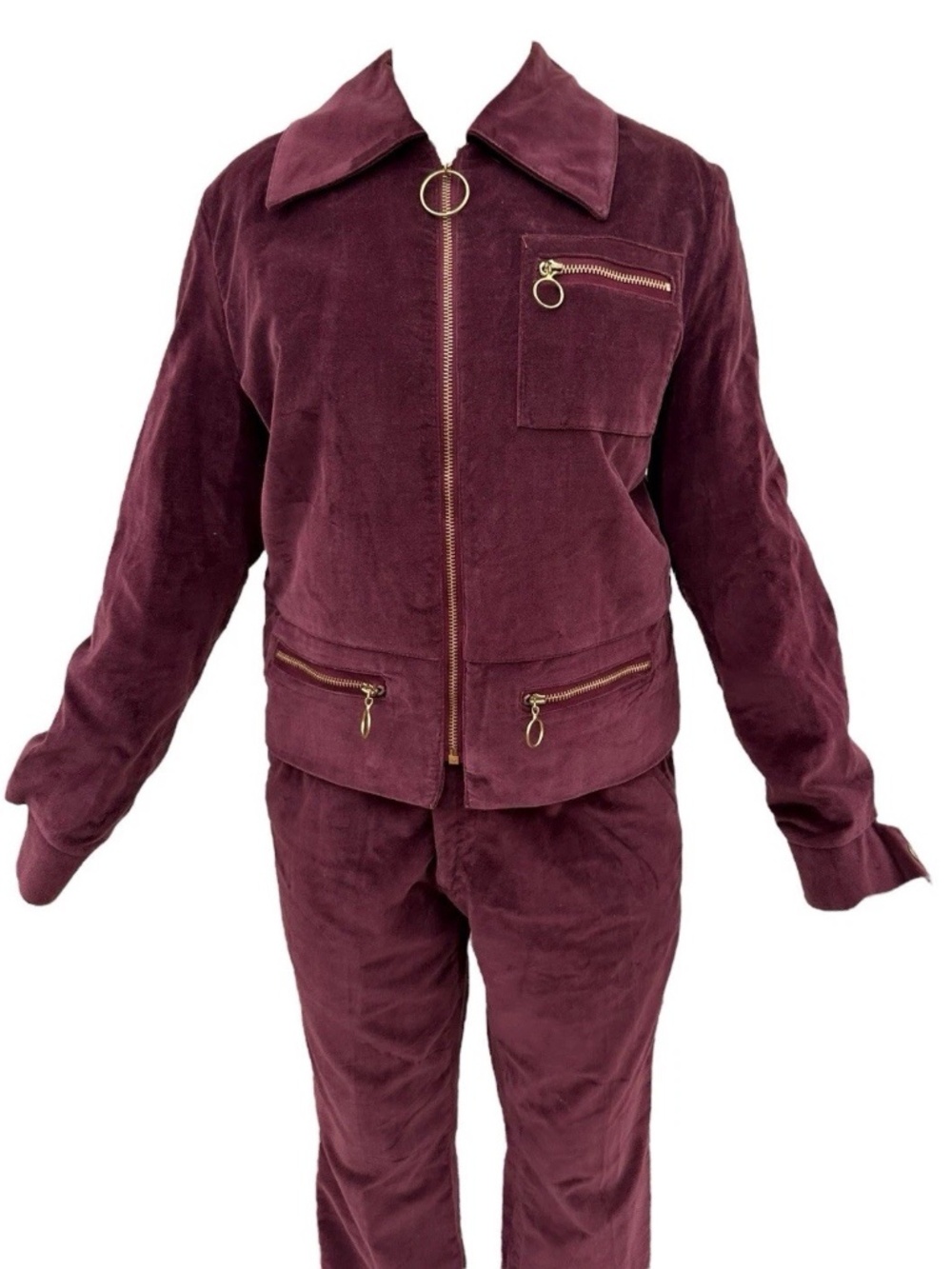 Vtg 70s Peters All Weather Wear Suit 40 Burgundy Gold Hoop Zippers Jacket Pants